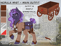 Size: 1366x1024 | Tagged: safe, artist:sursiq, imported from derpibooru, oc, oc only, oc:nebula mist, pony, unicorn, fallout equestria, cart, fallout equestria oc, gem, hunting knife, knife, multicolored hair, multicolored mane, multicolored tail, outfit, pink eyes, pulling cart, reference sheet, solo, tail bun