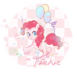 Size: 924x914 | Tagged: safe, artist:rino11828834, artist:yuan-rino, imported from derpibooru, pinkie pie, earth pony, pony, balloon, confetti, cute, diapinkes, female, floating, looking at you, mare, open mouth, solo, then watch her balloons lift her up to the sky