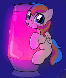 Size: 612x724 | Tagged: safe, artist:moozua, imported from derpibooru, oc, oc only, oc:golden gates, pegasus, pony, babscon, babscon mascots, lava lamp, looking at you, silly, simple background, solo, tongue out
