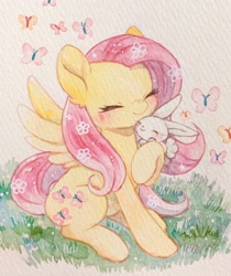 Size: 1718x2048 | Tagged: safe, artist:kemaaari, artist:kemari12011, imported from derpibooru, angel bunny, fluttershy, butterfly, pegasus, pony, rabbit, angelbetes, animal, blushing, cute, duo, ear fluff, eyes closed, female, hug, mare, shyabetes, sitting, smiling, traditional art, watercolor painting, weapons-grade cute