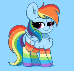 Size: 1700x1630 | Tagged: safe, artist:kittyrosie, imported from derpibooru, rainbow dash, pegasus, pony, blue background, blushing, chest fluff, clothes, cute, dashabetes, ear fluff, female, lidded eyes, mare, rainbow socks, simple background, socks, solo, striped socks, thigh highs