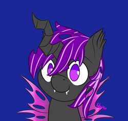 Size: 1261x1195 | Tagged: safe, artist:inkynotebook, imported from derpibooru, part of a set, oc, oc only, changeling queen, pony, blue background, bust, changeling queen oc, commission, purple changeling, simple background, smiling, solo, ych result