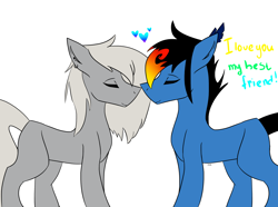 Size: 3000x2227 | Tagged: safe, artist:toptian, imported from derpibooru, oc, oc only, earth pony, pony, ear piercing, earring, earth pony oc, eyes closed, floppy ears, gay, heart, high res, jewelry, male, nuzzling, piercing, raised tail, simple background, smiling, solo, stallion, tail, talking, white background