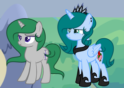 Size: 2725x1953 | Tagged: safe, artist:lominicinfinity, imported from derpibooru, oc, oc only, oc:infinity mi rosalinda, oc:kani sparks, alicorn, pony, unicorn, crown, female, jewelry, mare, regalia