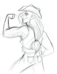 Size: 594x768 | Tagged: safe, artist:korppipoika, imported from derpibooru, applejack, human, clothes, female, flexing, hat, humanized, lineart, monochrome, muscles, pants, smiling, solo