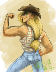 Size: 594x768 | Tagged: safe, alternate version, artist:korppipoika, imported from derpibooru, applejack, human, clothes, colored, female, flexing, freckles, hat, humanized, muscles, pants, signature, smiling, solo