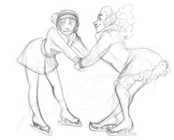 Size: 924x744 | Tagged: safe, artist:korppipoika, imported from derpibooru, pinkie pie, twilight sparkle, human, clothes, duo, female, holding hands, humanized, ice skating, lineart, monochrome, skirt, smiling