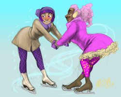 Size: 924x744 | Tagged: safe, alternate version, artist:korppipoika, imported from derpibooru, pinkie pie, twilight sparkle, human, clothes, colored, dark skin, duo, female, holding hands, humanized, ice skating, signature, skirt, smiling