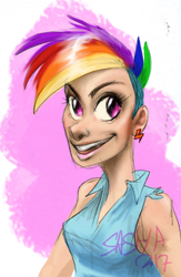 Size: 291x445 | Tagged: safe, artist:korppipoika, imported from derpibooru, rainbow dash, human, abstract background, bust, clothes, ear piercing, female, humanized, mohawk, piercing, signature, smiling, solo