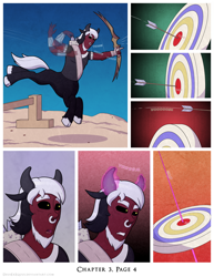 Size: 1200x1552 | Tagged: safe, artist:deusexequus, imported from derpibooru, lord tirek, centaur, comic:fix, bow (weapon), bracer, bullseye, cloven hooves, colored hooves, comic, glowing horn, horn, jumping, male, miss, nose piercing, nose ring, open mouth, piercing, septum piercing, story included, young tirek, younger