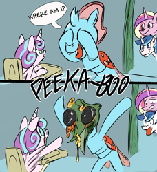 Size: 2403x2631 | Tagged: safe, artist:skunkstripe, imported from derpibooru, ocellus, princess cadance, princess flurry heart, shining armor, alicorn, changedling, changeling, pony, unicorn, 2 panel comic, boils, comic, dialogue, dumb yung-six comics, foal, high res, nightmare fuel, no pupils, peekaboo, speech bubble, transformation, word balloon