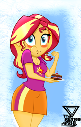 Size: 1990x3084 | Tagged: safe, artist:theretroart88, imported from derpibooru, sunset shimmer, equestria girls, blushing, breasts, cake, caught, clothes, cute, dessert, eating, female, food, high res, messy eating, plate, shimmerbetes, shirt, skirt, solo, spoon