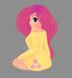 Size: 1280x1384 | Tagged: safe, artist:fluffleart, fluttershy, human, blushing, breasts, clothes, female, gray background, humanized, kneeling, looking at you, looking back, looking back at you, looking over shoulder, signature, simple background, solo, sweater, sweatershy