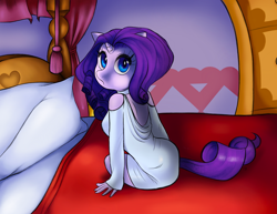 Size: 1280x990 | Tagged: safe, artist:fluffleart, rarity, anthro, bed, bedroom, breasts, clothes, female, looking at you, looking back, looking back at you, looking over shoulder, nightgown, solo