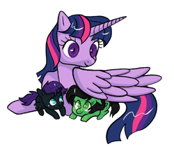 Size: 3196x2764 | Tagged: safe, artist:fluffleart, twilight sparkle, oc, oc:filly anon, oc:nyx, alicorn, earth pony, pony, colored pupils, female, filly, simple background, twilight sparkle (alicorn), white background, wing shelter