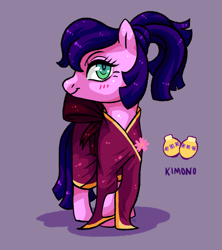 Size: 3157x3562 | Tagged: safe, artist:fluffleart, kimono, pony, female, g3, purple background, simple background, smiling, solo