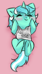 Size: 2203x3874 | Tagged: safe, artist:fluffleart, lyra heartstrings, unicorn, blushing, clothes, cute, eyes closed, hnnng, l.u.l.s., lying down, lyrabetes, on back, shirt, smiling, solo, t-shirt