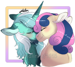 Size: 804x725 | Tagged: safe, artist:malinraf1615, imported from derpibooru, bon bon, lyra heartstrings, sweetie drops, earth pony, pony, unicorn, adorabon, alternate hairstyle, blushing, boop, chest fluff, cute, eyes closed, female, floppy ears, lesbian, lyrabetes, lyrabon, mare, noseboop, shipping, simple background, transparent background