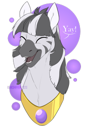 Size: 900x1300 | Tagged: source needed, useless source url, safe, artist:dementra369, imported from derpibooru, oc, oc only, oc:garbhán, pony, zebra, bust, eyes closed, male, portrait, simple background, solo, transparent background, yay