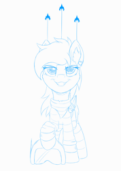 Size: 2132x3000 | Tagged: safe, artist:arcane-thunder, imported from derpibooru, oc, oc only, oc:superluminal, pegasus, pony, bandana, clothes, ear fluff, ear piercing, earring, female, grin, helmet, jewelry, mare, monochrome, piercing, simple background, sketch, smiling, socks, spaceship, squadron, striped socks, striped sweater, sweater, white background