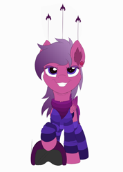 Size: 2132x3000 | Tagged: safe, artist:arcane-thunder, color edit, edit, imported from derpibooru, oc, oc only, oc:superluminal, pegasus, pony, bandana, clothes, colored, colored wings, ear fluff, ear piercing, earring, eyeshadow, female, gradient mane, gradient wings, grin, helmet, jewelry, makeup, mare, one hoof raised, piercing, raised hoof, simple background, smiling, socks, solo, spaceship, squadron, striped socks, striped sweater, sweater, white background, wings