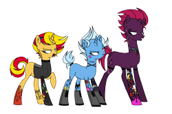 Size: 6000x4000 | Tagged: safe, artist:bonpikabon, artist:icey-wicey-1517, artist:icicle-wicicle-1517, color edit, edit, imported from derpibooru, fizzlepop berrytwist, sunset shimmer, tempest shadow, trixie, pony, unicorn, 666, bedroom eyes, boots, broken horn, choker, clothes, cloud, collaboration, collar, colored, ear piercing, earring, eyebrow piercing, female, fishnets, flower, grin, hairclip, heart, heartbreak, horn, jacket, jewelry, leather jacket, lip piercing, looking at each other, mare, missing cutie mark, open mouth, piercing, punk, raised hoof, rose, scar, shoes, simple background, sleeveless, smiling, stockings, tail wrap, tattoo, thigh highs, thunder, transparent background, trio