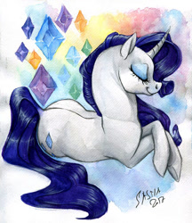 Size: 789x914 | Tagged: safe, artist:korppipoika, imported from derpibooru, rarity, pony, unicorn, abstract background, eyes closed, female, solo, traditional art, watercolor painting