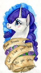 Size: 1073x1920 | Tagged: safe, artist:korppipoika, imported from derpibooru, rarity, pony, unicorn, abstract background, female, ribbon, solo, text, traditional art, watercolor painting