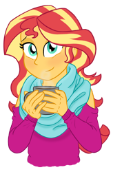 Size: 1842x2808 | Tagged: safe, artist:sugar-loop, imported from derpibooru, sunset shimmer, equestria girls, clothes, coffee, cute, digital art, female, looking at you, scarf, shimmerbetes, simple background, smiling, solo, transparent background