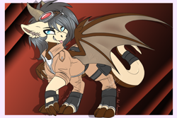 Size: 3000x2000 | Tagged: source needed, safe, artist:red_moonwolf, imported from derpibooru, oc, oc only, oc:auburn "dergy", dracony, dragon, hybrid, pony, goggles, male, mlem, outfit, silly, solo, spread wings, tongue out, wings