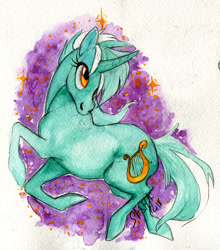 Size: 1280x1453 | Tagged: safe, artist:korppipoika, artist:susikukka, imported from derpibooru, lyra heartstrings, pony, unicorn, abstract background, curved horn, female, horn, mare, solo, traditional art, watercolor painting