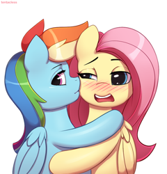 Size: 914x953 | Tagged: safe, artist:tentacless, imported from derpibooru, fluttershy, rainbow dash, pegasus, pony, blushing, cheek kiss, duo, female, flutterdash, kissing, lesbian, mare, shipping, simple background, white background