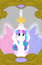 Size: 900x1400 | Tagged: safe, artist:sixes&sevens, imported from derpibooru, princess flurry heart, ace of swords, crown, crystal, jewelry, looking up, raised sword, regalia, sword, tarot card, weapon