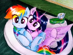 Size: 3096x2322 | Tagged: safe, artist:liaaqila, imported from derpibooru, rainbow dash, twilight sparkle, alicorn, pegasus, pony, bathtub, behaving like a cat, commission, counter, counter top, countertop, cute, dashabetes, duo, eye clipping through hair, faucet, female, horn, if i fits i sits, lesbian, looking at you, lying down, mare, on back, shipping, sink, spread wings, traditional art, twiabetes, twidash, twilight sparkle (alicorn), wings