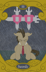 Size: 900x1400 | Tagged: safe, artist:sixes&sevens, imported from derpibooru, doctor whooves, time turner, earth pony, pony, crying, heart, looking down, rain, sword, tarot card, the doctor, three of swords, weapon