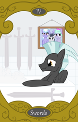 Size: 900x1400 | Tagged: safe, artist:sixes&sevens, imported from derpibooru, cloudchaser, flitter, rumble, thunderlane, pegasus, pony, bathtub, bubble bath, colt, family photo, female, four of swords, male, mare, relaxing, stallion, sword, tarot card, weapon