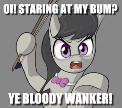 Size: 1955x1719 | Tagged: safe, artist:jellerjar, edit, imported from derpibooru, octavia melody, pony, angry, bow (instrument), caption, chav, female, image macro, octchavia, solo, text, unamused, vulgar, wanker