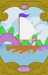 Size: 900x1400 | Tagged: safe, artist:sixes&sevens, imported from derpibooru, spike, sea serpent, duality, sailboat, self dragondox, six of swords, species swap, tarot card, water