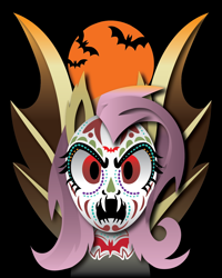 Size: 1200x1500 | Tagged: safe, artist:samoht-lion, imported from derpibooru, fluttershy, bat, bat pony, pony, bat ponified, black background, calaverita (sugar skull), catrina (calavera garbancera), clothes, costume, flutterbat, moon, race swap, simple background, sugar skull