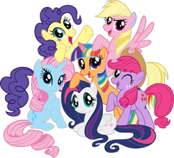 Size: 1127x1024 | Tagged: safe, artist:kinkhorse, imported from derpibooru, applejack, fluttershy, pinkie pie, rainbow dash, rarity, twilight sparkle, female, mane 6 recolors, mane six opening poses, simple background, transparent background