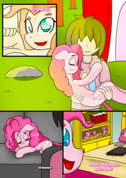 Size: 1736x2456 | Tagged: safe, artist:otakon, imported from derpibooru, pinkie pie, human, comic:meeting pinkie, bed, brony, car, comic, commission, doll, female, human male, indoors, male, straight, toy