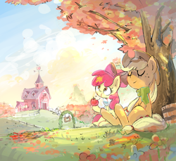 Size: 1750x1600 | Tagged: safe, artist:fuyugi, artist:nendo, imported from derpibooru, apple bloom, applejack, earth pony, pony, adorabloom, apple, apple sisters, autumn, bandana, barn, bucket, clothes, cute, duo, eating, eyes closed, female, filly, food, herbivore, jackabetes, leaves, mare, relaxing, scarf, scenery, siblings, sisters, sitting, smiling, sweet apple acres, tree