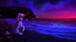 Size: 1560x878 | Tagged: safe, artist:limreiart, imported from derpibooru, oc, oc only, oc:lighty dust, pegasus, pony, bioluminescent, cutie mark, female, mare, night, night sky, ocean, peaceful, sand, scenery, scenery porn, sitting, sky, solo, stars