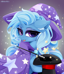 Size: 5000x5760 | Tagged: safe, artist:xsatanielx, imported from derpibooru, trixie, pony, unicorn, absurd resolution, cheek fluff, ear fluff, female, floppy ears, hat, magic wand, mare, open mouth, rcf community, solo, stars, top hat, wand