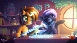 Size: 4444x2500 | Tagged: safe, artist:kridershot, imported from derpibooru, oc, oc only, pegasus, pony, unicorn, absurd resolution, book, bookshelf, commission, duo, indoors, magic, magic circle, shelf, signature, sword, telekinesis, weapon, window