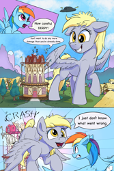 Size: 2000x3000 | Tagged: safe, artist:tsitra360, imported from derpibooru, derpy hooves, rainbow dash, pegasus, pony, comic:the last roundup resized, the last roundup, comic, destruction, female, giant derpy hooves, giant pegasus, giant pony, giantess, i just don't know what went wrong, macro, open mouth, ponyville, town hall