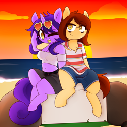 Size: 2500x2500 | Tagged: safe, artist:fullmetalpikmin, imported from derpibooru, oc, oc:amethyst sniper, oc:bajo, semi-anthro, amejo, arm hooves, beach, belly button, bikini, bikini top, breasts, clothes, female, male, mare, one eye closed, rock, see-through, shorts, sitting, stallion, sun, sunset, swimsuit, water, wink