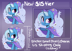 Size: 7016x4961 | Tagged: safe, artist:sakukitty, imported from derpibooru, trixie, pony, unicorn, acrylic charm, advertisement, cape, chibi, clothes, female, hat, mare, patreon, playing card, print, sticker