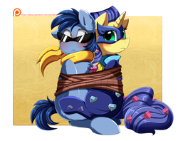 Size: 3215x2540 | Tagged: safe, artist:pridark, idw, imported from derpibooru, blues, noteworthy, radiance, earth pony, pony, unicorn, bluesdiance, blushing, bondage, bound together, chest fluff, clothes, crossover, duo, female, male, mare, mask, mega man (series), megaman, patreon, patreon logo, patreon reward, power ponies, protoman, rope, scarf, shipping, simple background, stallion, straight, sunglasses, tied up