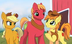 Size: 2052x1279 | Tagged: safe, artist:xbi, imported from derpibooru, applejack, big macintosh, braeburn, earth pony, pony, barn, brother and sister, clothes, cowboy hat, female, hat, horse collar, male, mare, siblings, stallion, talking, trio, underhoof, vest